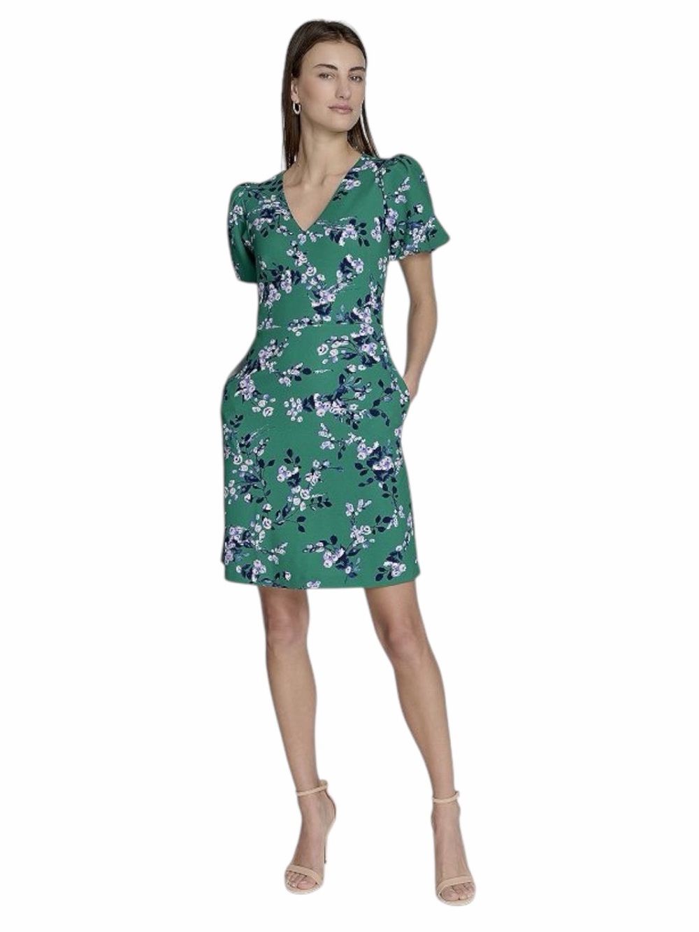 Andrew Marc Green Floral Puff Sleeve Dress. Size 16.